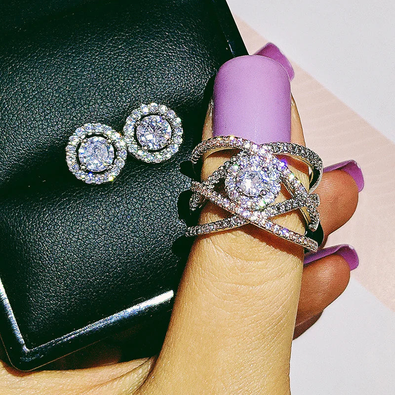 Rhinestone Round Earrings & Ring Set