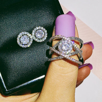 Rhinestone Round Earrings & Ring Set