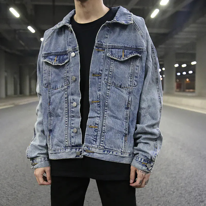 Classic Wash Distressed Oversized Denim Jacket