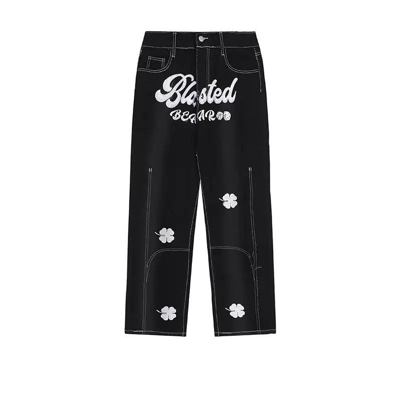 Unisex Vintage Clover Embroidered Denim Pants