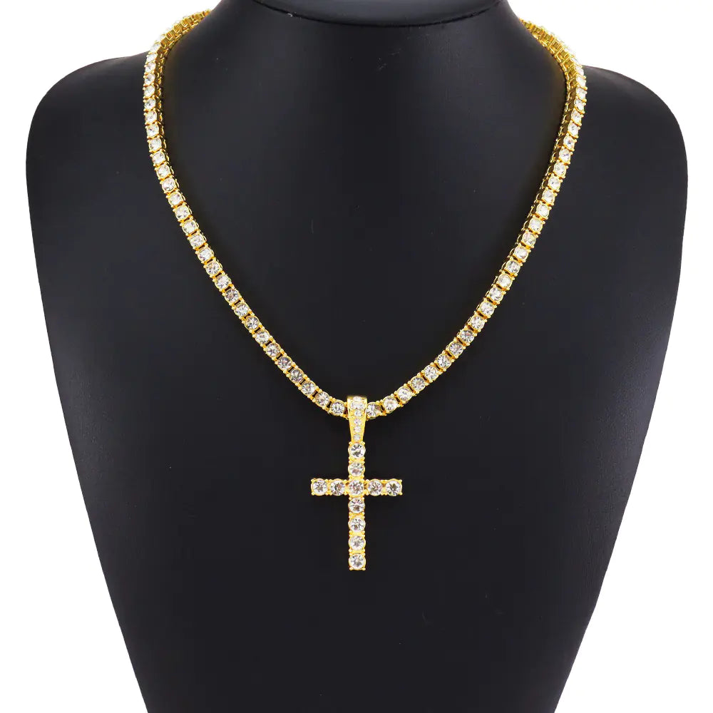 Hip Hop Diamond Cross Pendant with Cuban Link Necklace