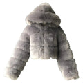 Womens Faux Fur Jacket Casual Fashion Cropped Coat Fluffy Shaggy Solid Outerwear Winter Warm Hooded Cardigan Gray