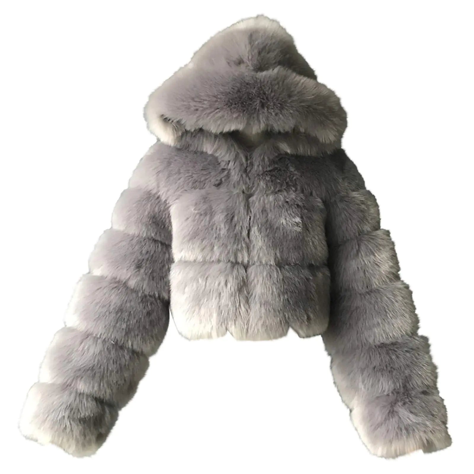 Womens Faux Fur Jacket Casual Fashion Cropped Coat Fluffy Shaggy Solid Outerwear Winter Warm Hooded Cardigan Gray