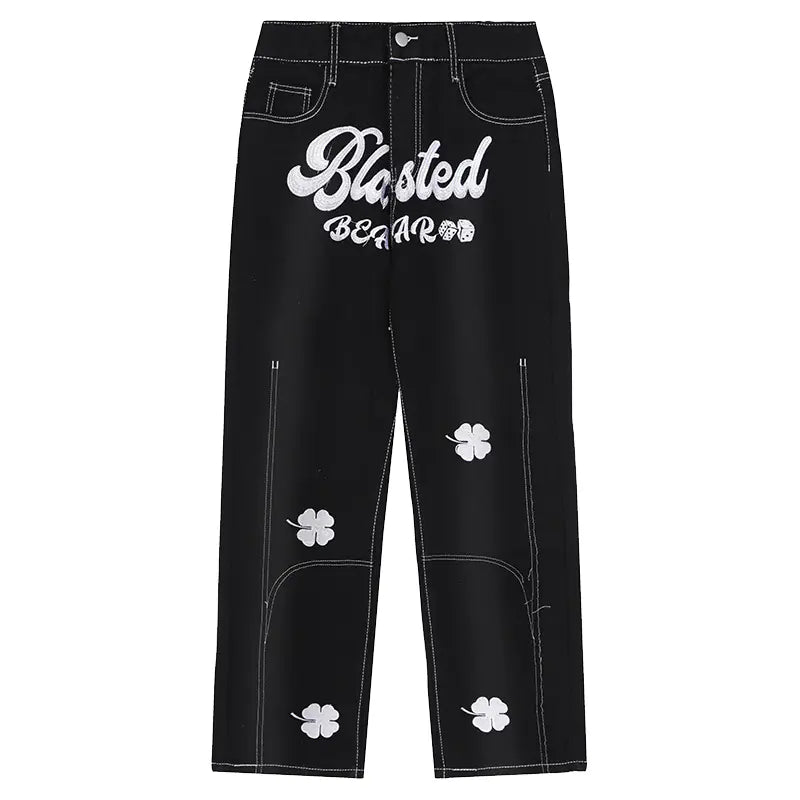 Unisex Vintage Clover Embroidered Denim Pants
