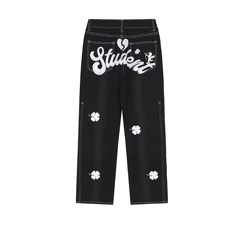 Unisex Vintage Clover Embroidered Denim Pants