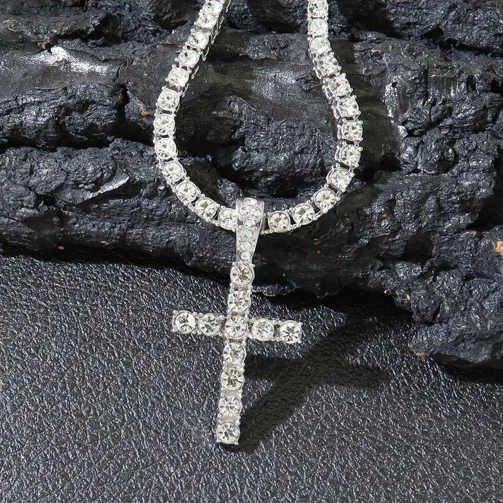 Hip Hop Diamond Cross Pendant with Cuban Link Necklace