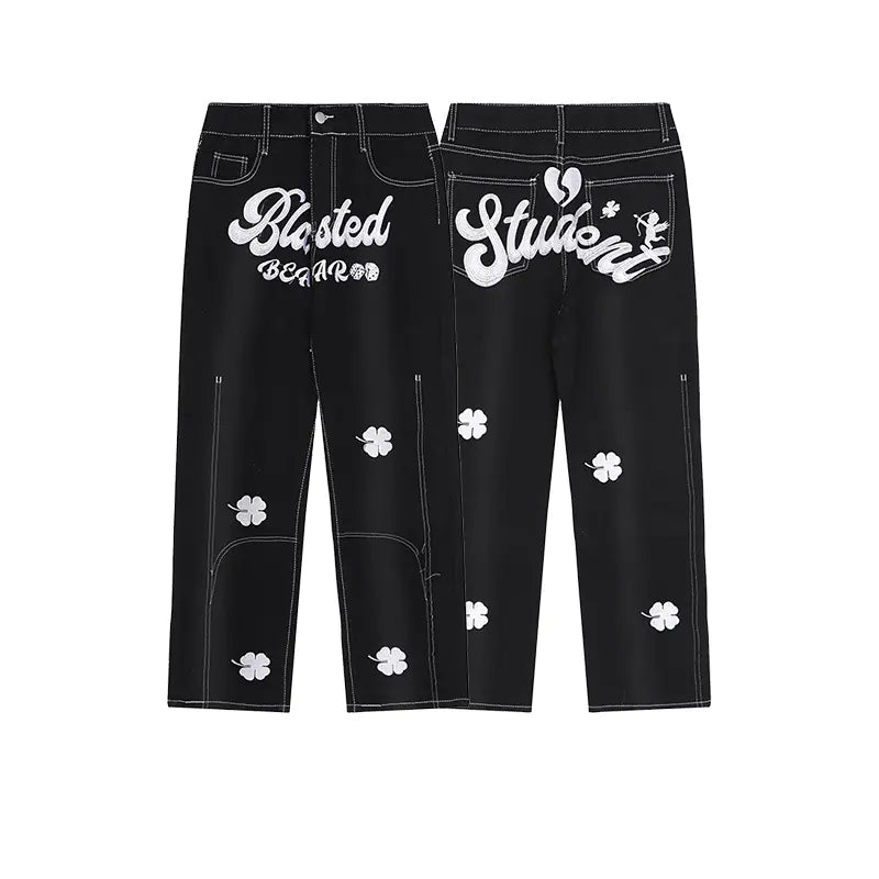 Unisex Vintage Clover Embroidered Denim Pants